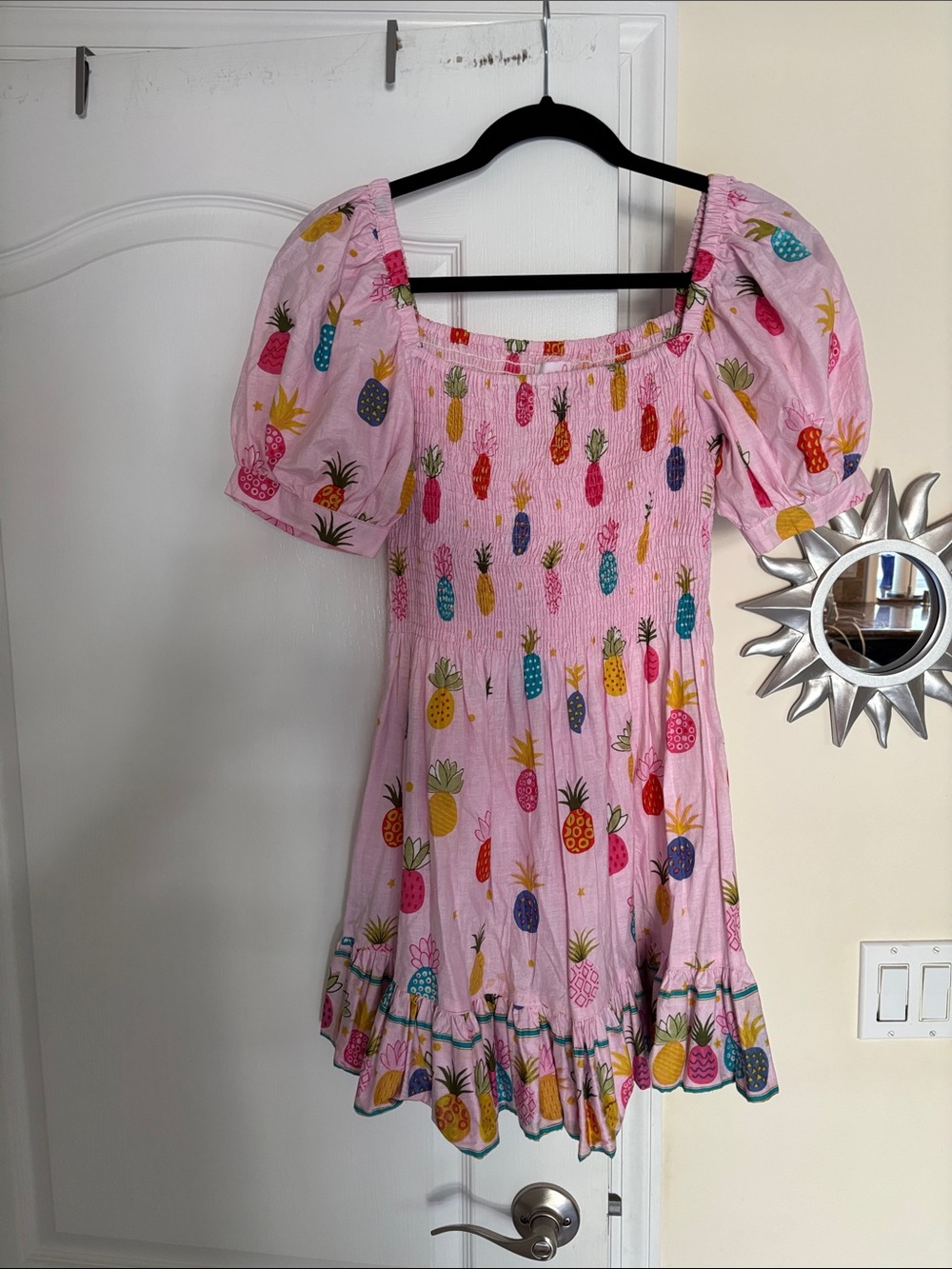 Mary Marshmallow Ladies Pink Pineapple Print Puff-Sleeve Mini Dress-M